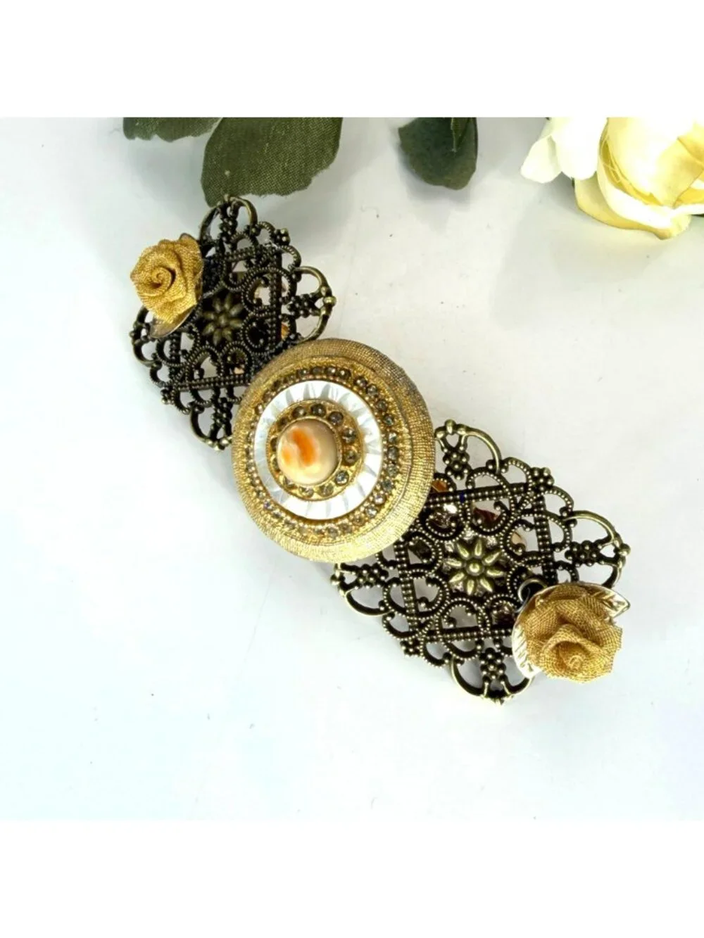 Gold Rose Filigree Barrette | One of a Kind Vintage Jewelry Hair Clip